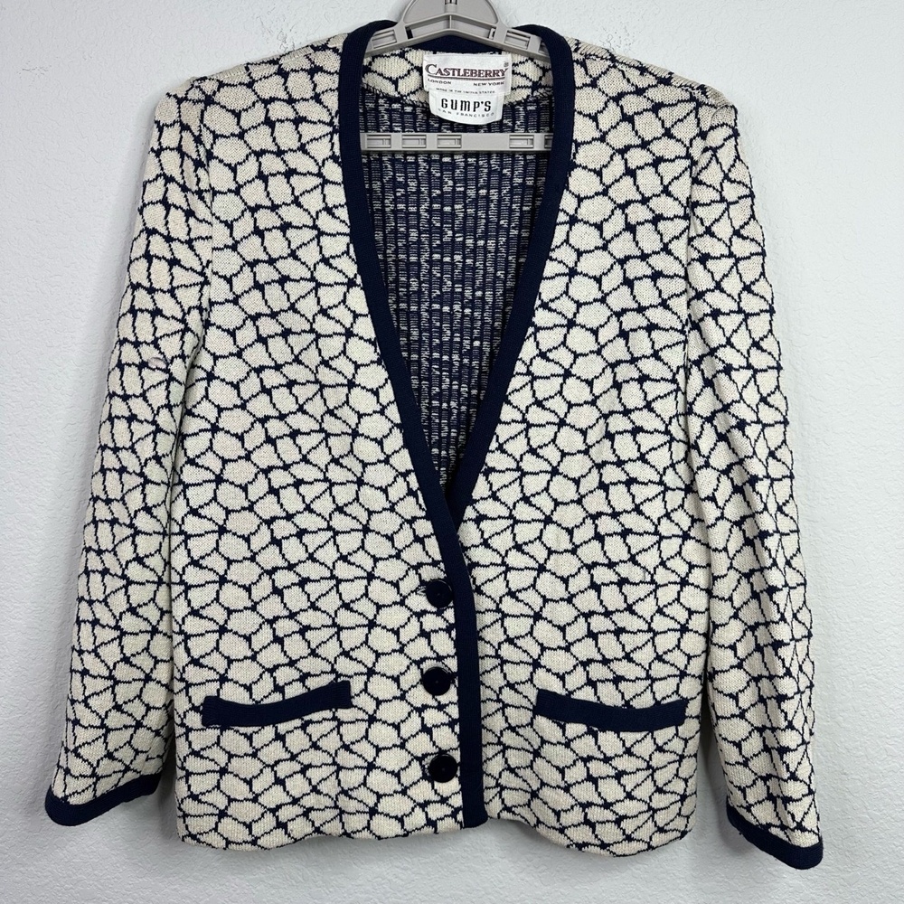 Castleberry Cardigan Women L White Blue Wool Geometric Knit VTG Preppy Old Money